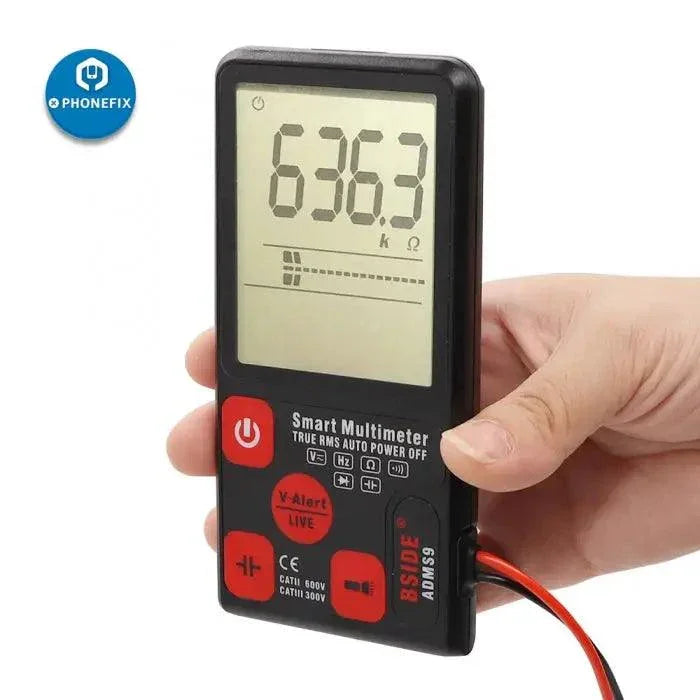 PHONEFIX ADMS9 portable digital multimeter measuring AC and DC voltage with LCD display, handheld electrical tester.