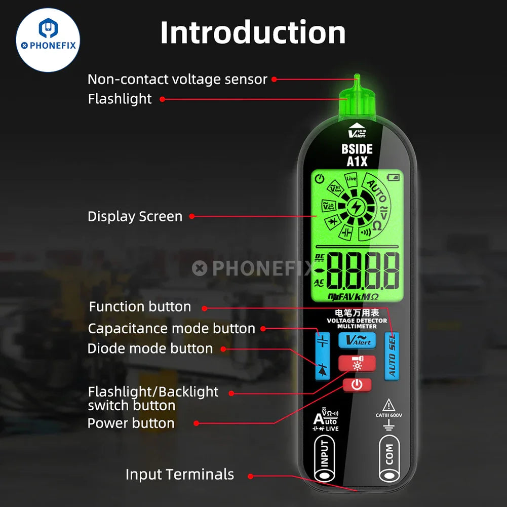 PhoneFix BSIDE A1X smart burn-proof digital multimeter with repairable design, used for electrical testing and measurements.