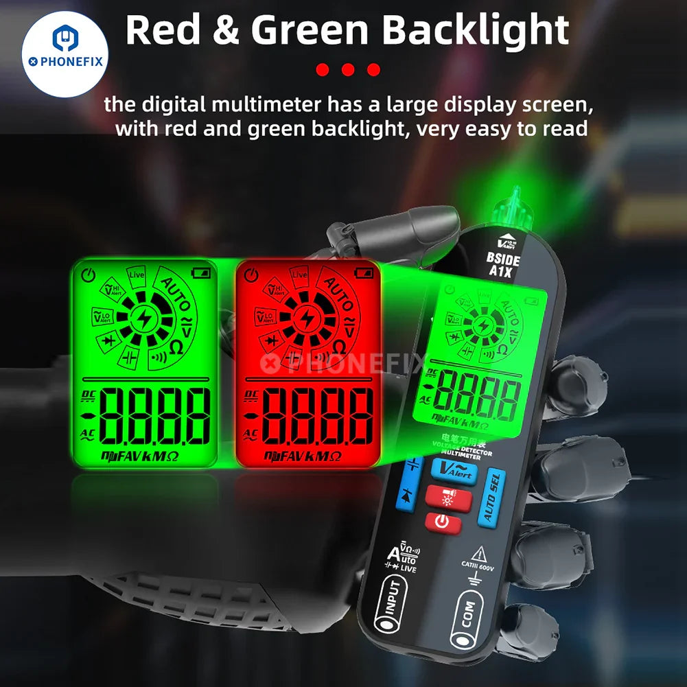 PhoneFix BSIDE A1X smart burn-proof repairable digital multimeter with display and testing ports for electrical measurements.