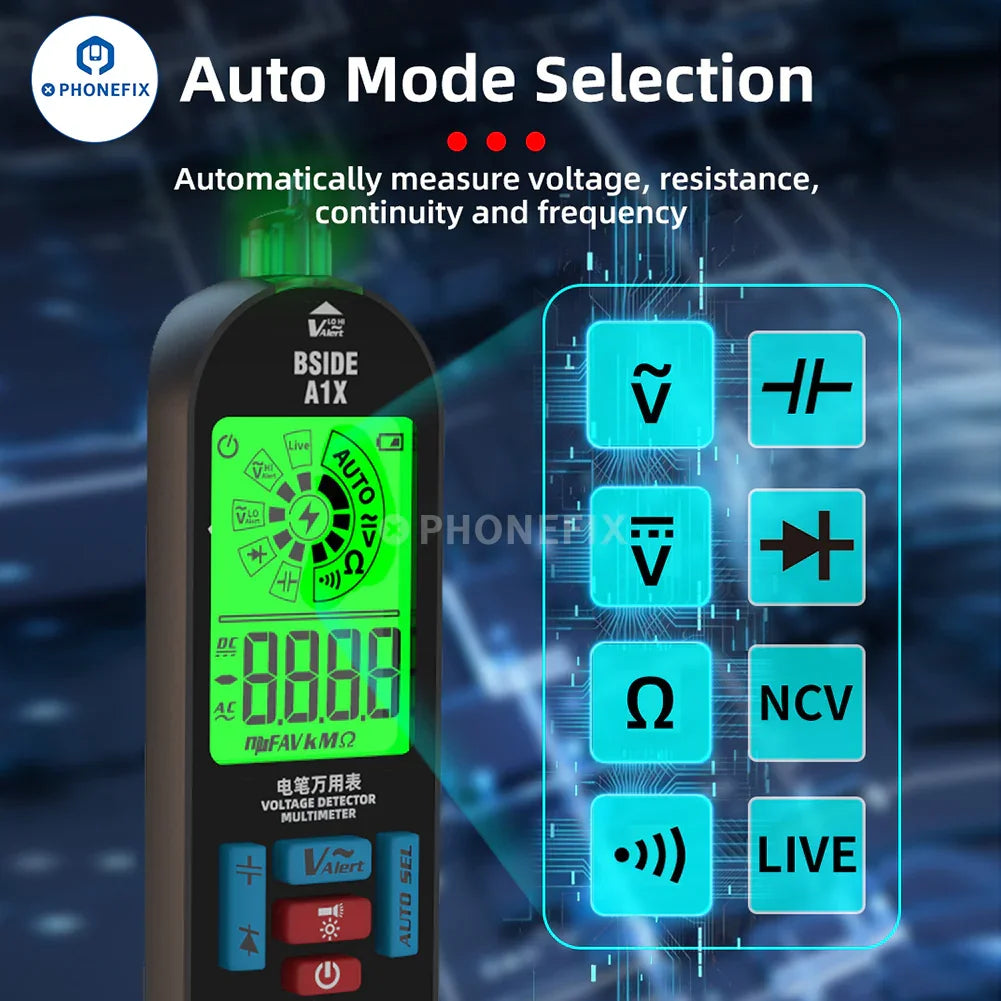 PhoneFix BSIDE A1X digital multimeter with burn-proof design, repairable, showing display and testing probes for electronic measurements.