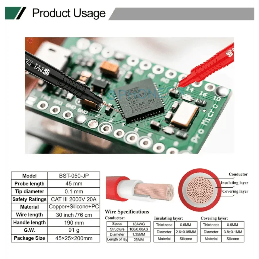 Phonefix BST-050 digital multimeter with super fine test leads pen cable, ideal for precise cell phone repair testing.