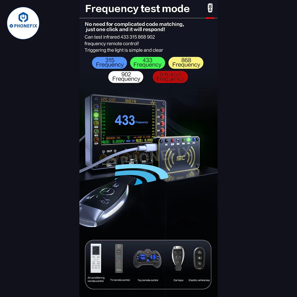Digital multimeter from PHONEFIX, i2C C07 locksmith remote control frequency tester on a white background.