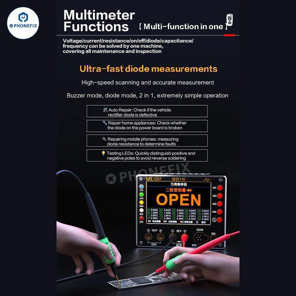 Digital multimeter by PHONEFIX, i2C C07 Locksmith No.1 remote control frequency tester for precise signal testing.