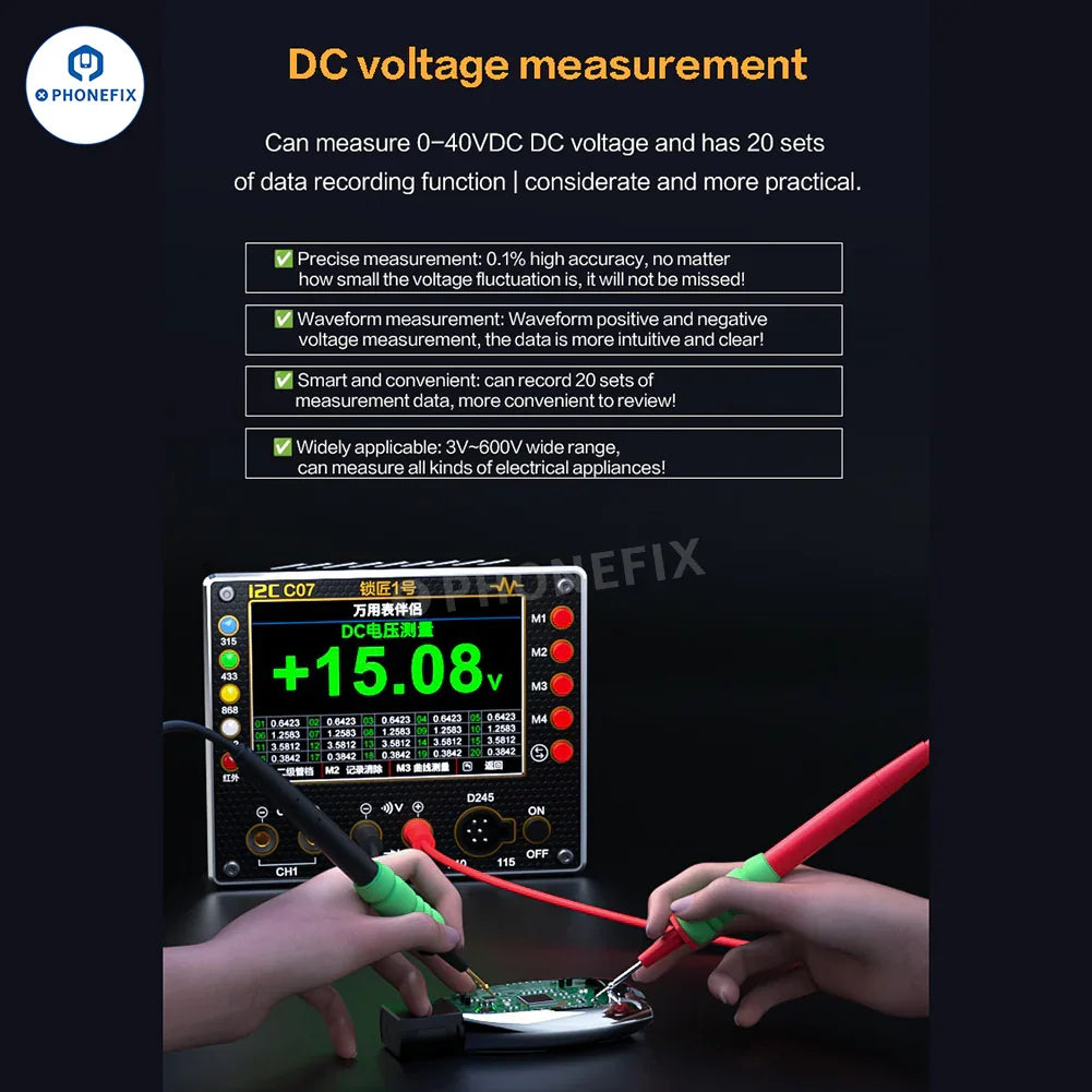 Digital multimeter from PHONEFIX used to test locksmith remote control frequencies, featuring a digital display and control buttons.