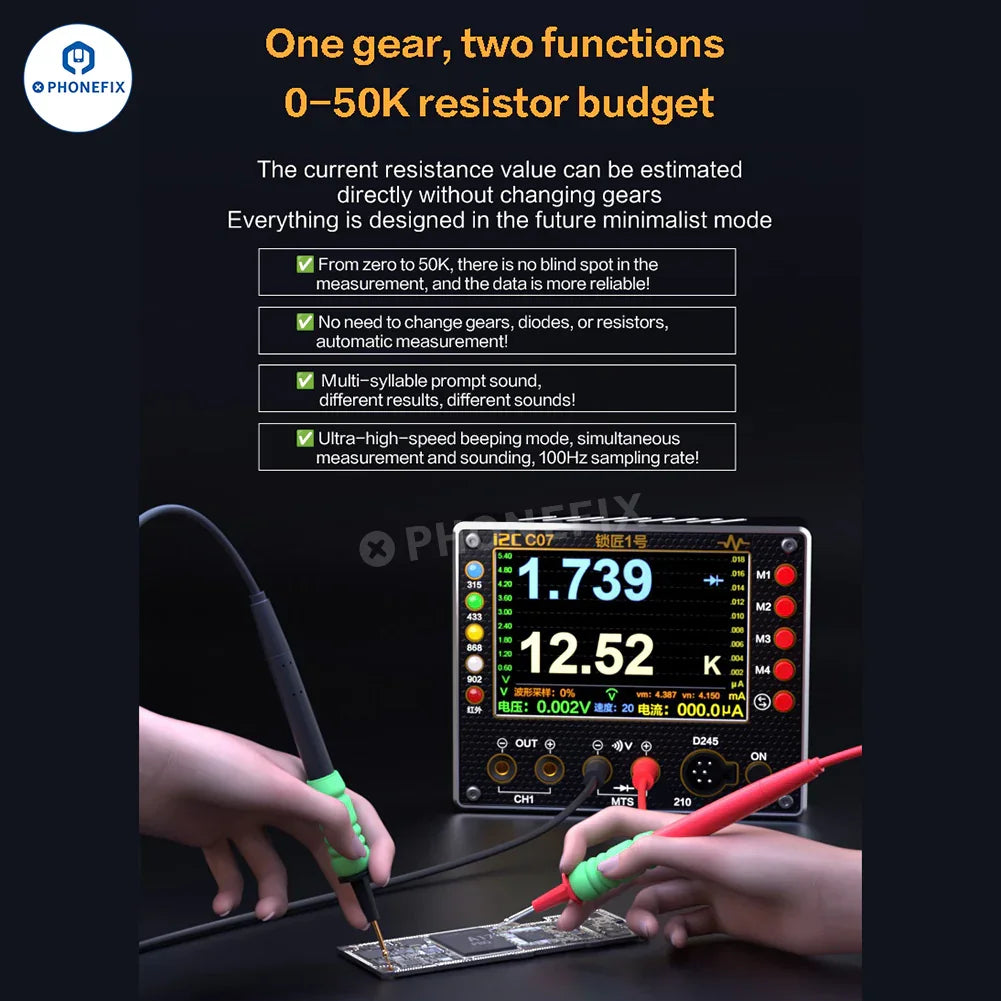PHONEFIX i2C C07 Locksmith No.1 remote control frequency tester digital multimeter with display and measurement probes.
