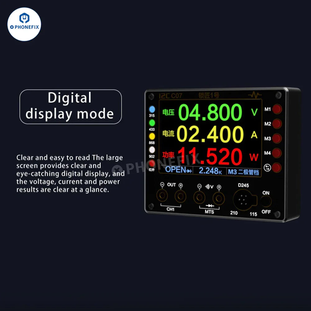 Digital multimeter by PHONEFIX with i2C C07 Locksmith No.1 remote control frequency tester features and display.