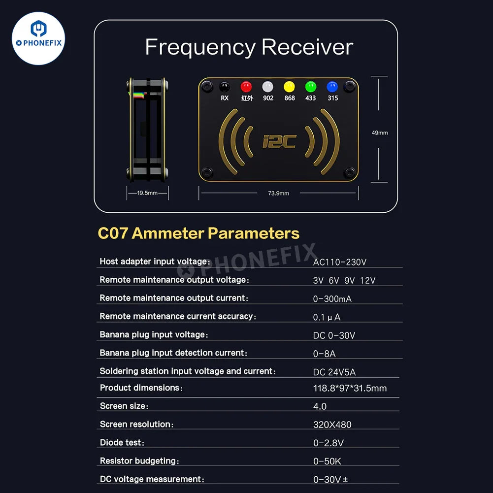 Digital multimeter by PHONEFIX for testing remote control frequencies, featuring keypad display and measurement probes.