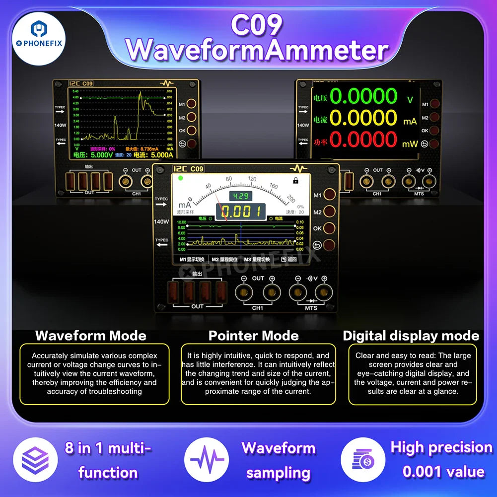 Digital multimeter by PHONEFIX with waveform ammeter and voltage measurement display, packaged with testing probes.