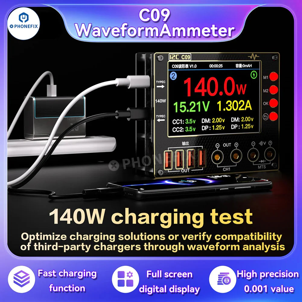 Phonefix digital multimeter C09 with waveform ammeter, voltage measurement, and charge testing capabilities for electronic diagnostics.