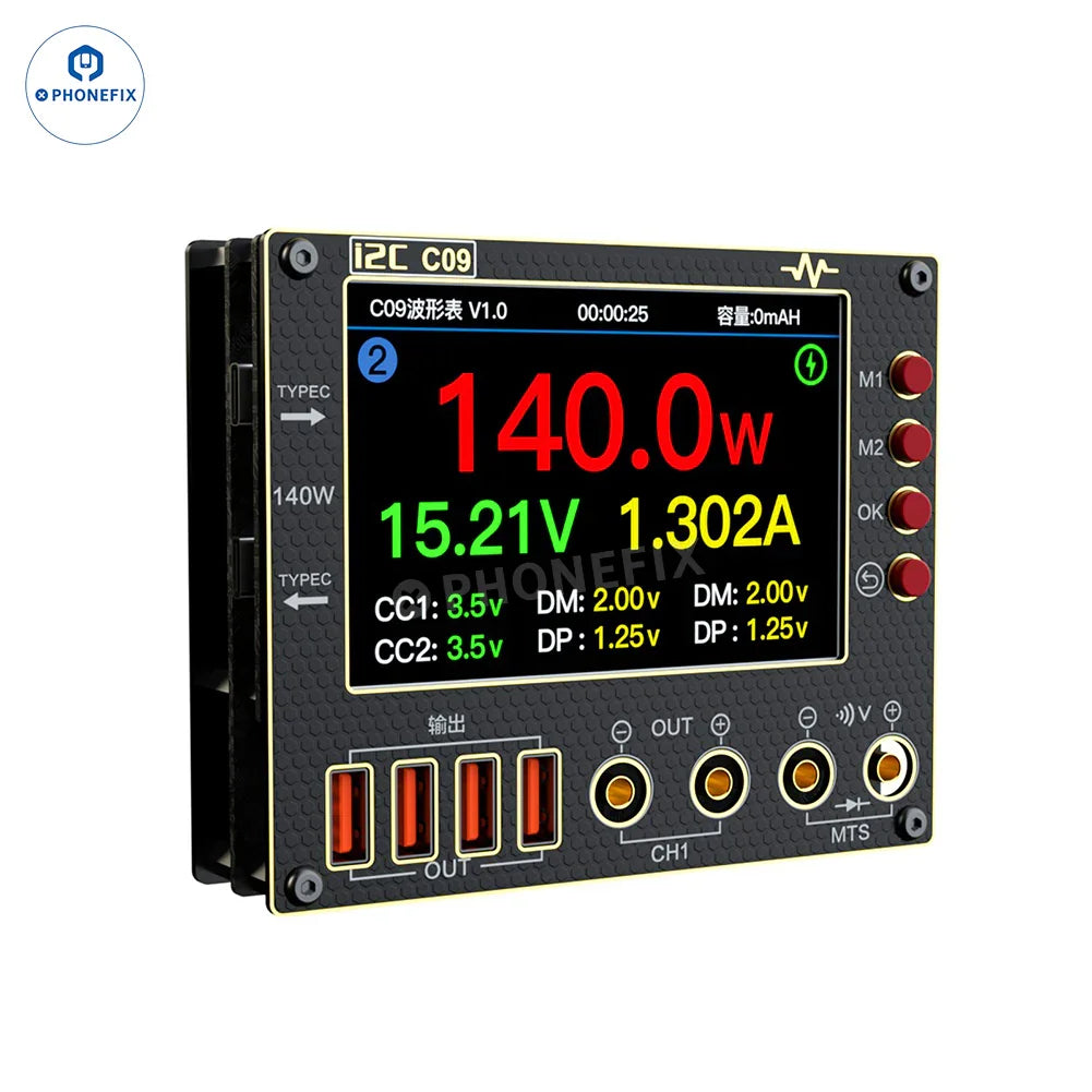Phonefix digital multimeter C09 C10 waveform ammeter and voltage tester displaying measurement readings on a digital screen.