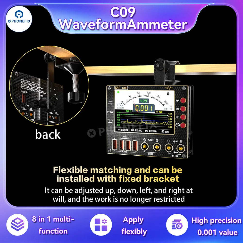 Phonefix digital multimeter C09 with waveform amp meter, voltage measurement, charge testing, in package, for electrical diagnostics.