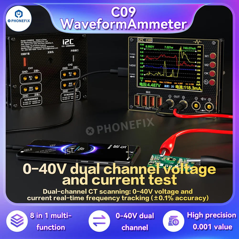 PHONEFIX digital multimeter C09 C10 waveform ammeter and voltage tester with display and test leads for electrical measurement.