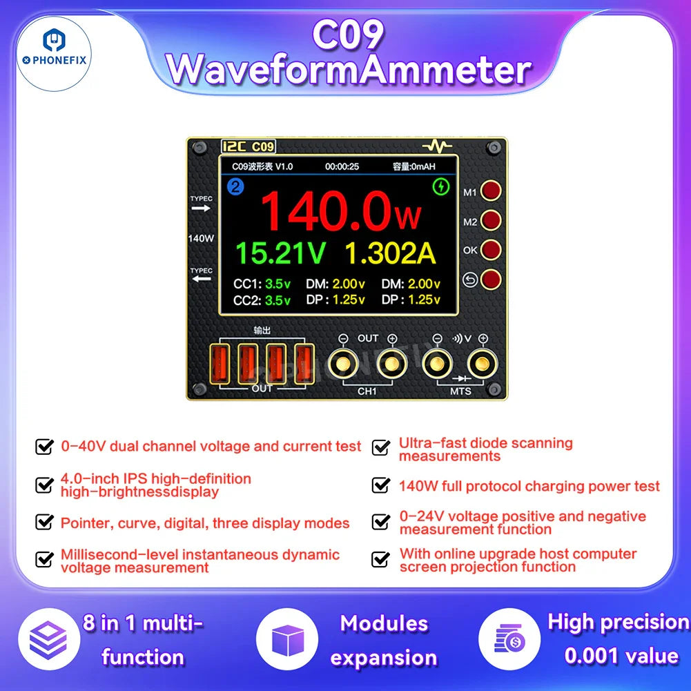 Digital multimeter by PHONEFIX displaying waveform, voltage, and charge testing on a C09 C10 model for electrical measurements.