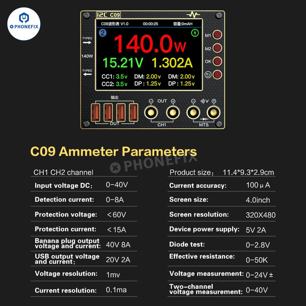 Digital multimeter from PHONEFIX with waveform ammeter and voltage measurement display, packaged with test leads and probes.