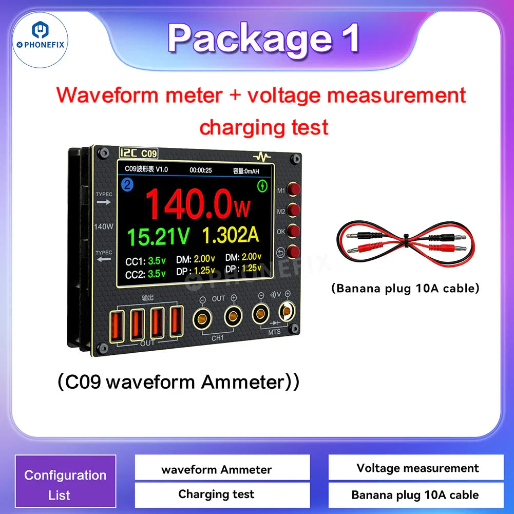 Phonefix digital multimeter C09 with waveform ammeter, voltage measurement, and charge testing features, shown in package.