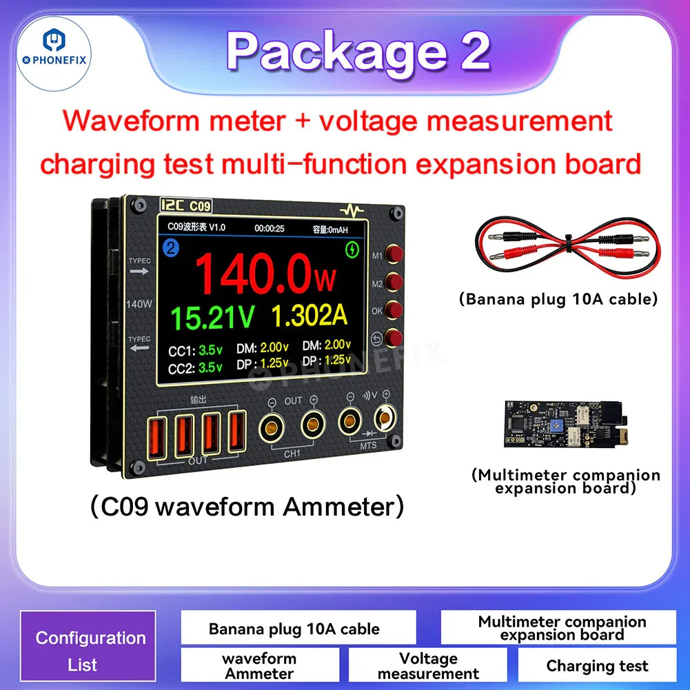 PhoneFix digital multimeter C09 with waveform ammeter and voltage measurement for charge testing, shown in packaging.