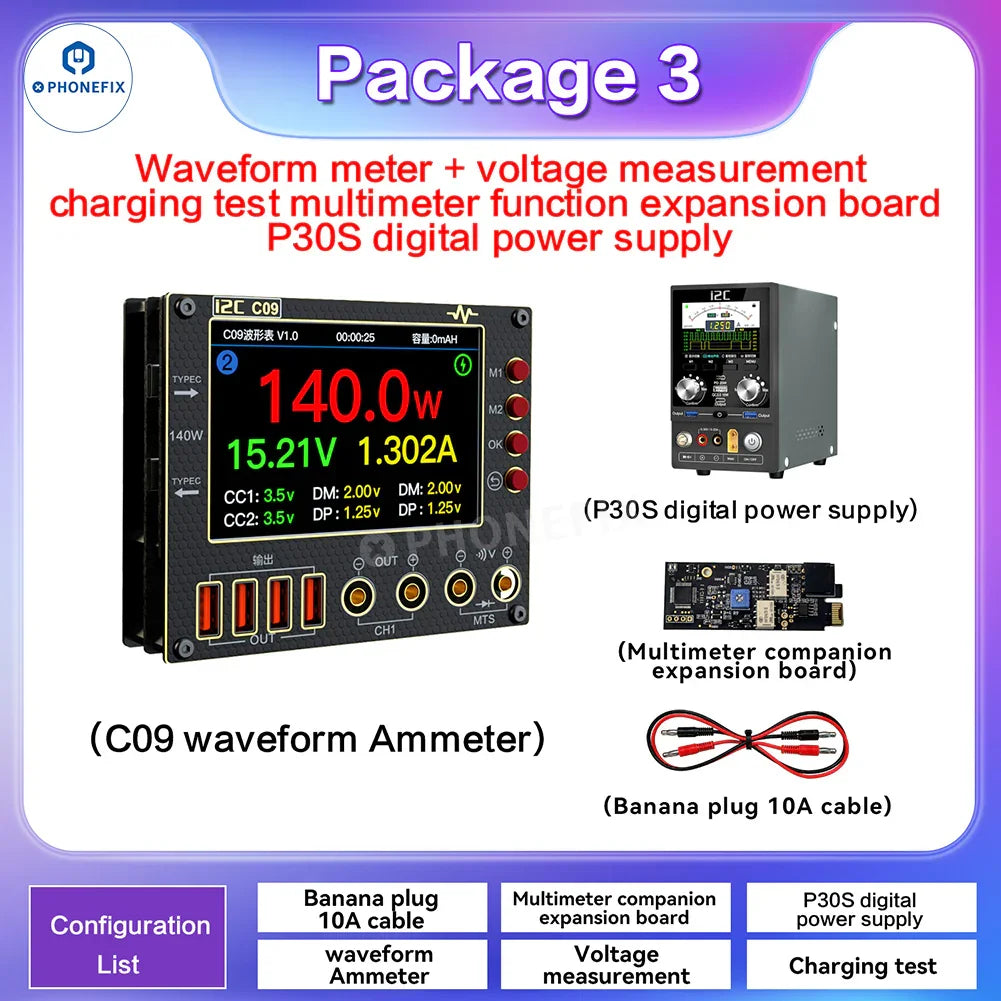 PhoneFIX digital multimeter C09 with waveform ammeter and voltage measurement display, packaged with testing probes and accessories.