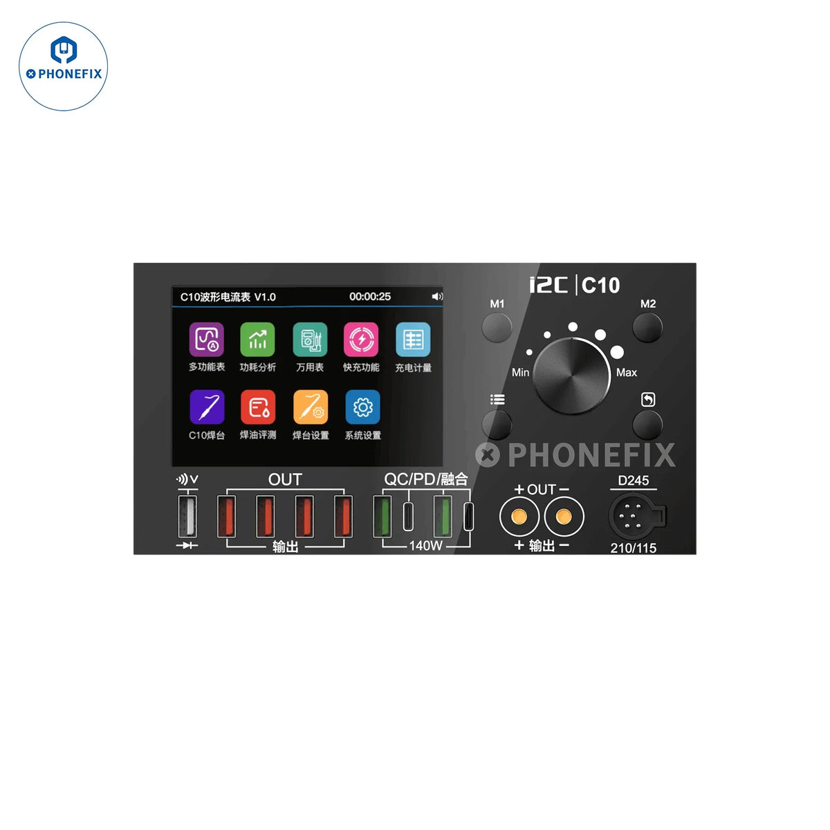 Digital multimeter by PHONEFIX showing waveform, voltage measurement, and charge testing features on the display.