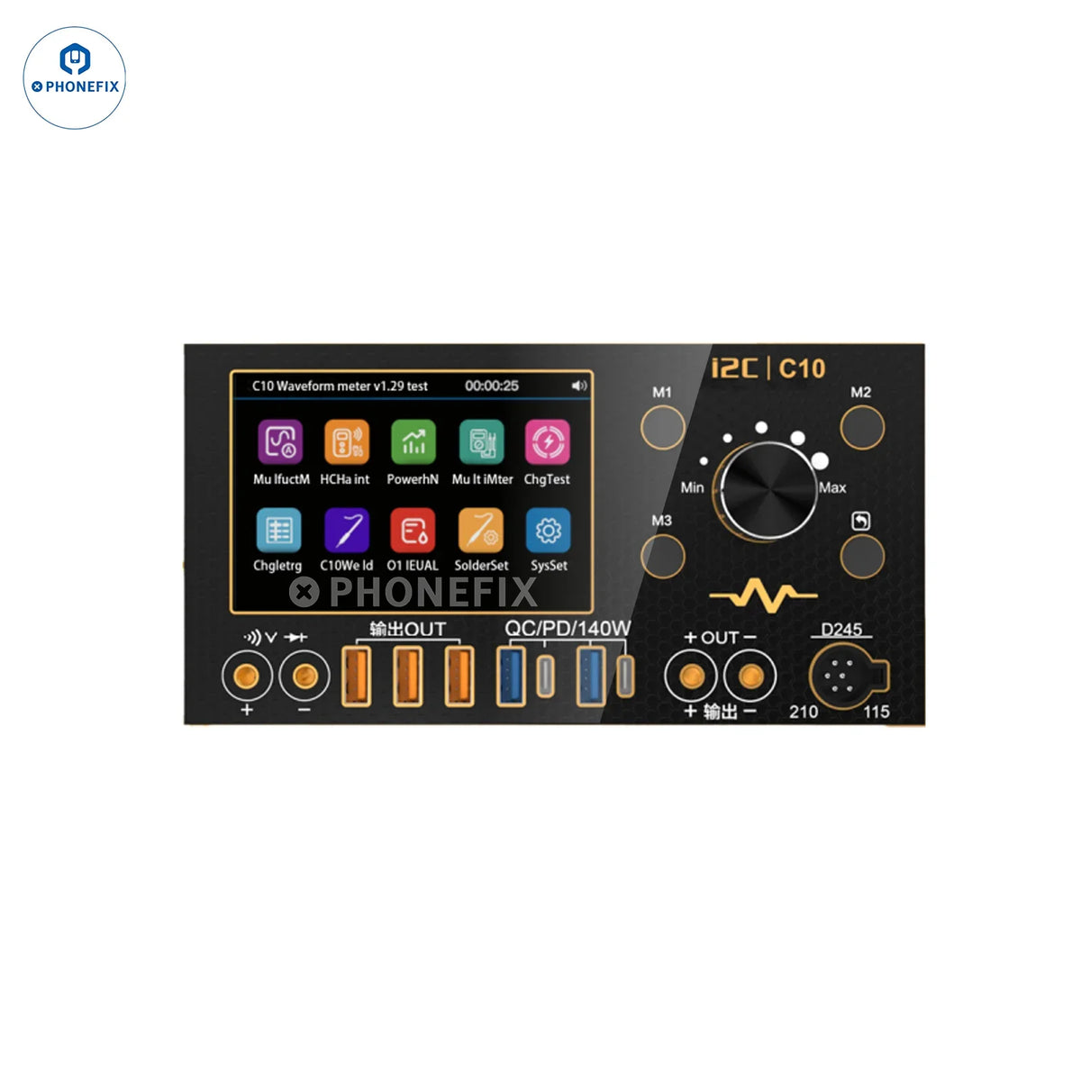 Phonefix digital multimeter C09 C10 waveform ammeter for voltage measurement and charge testing, with digital display and probes.