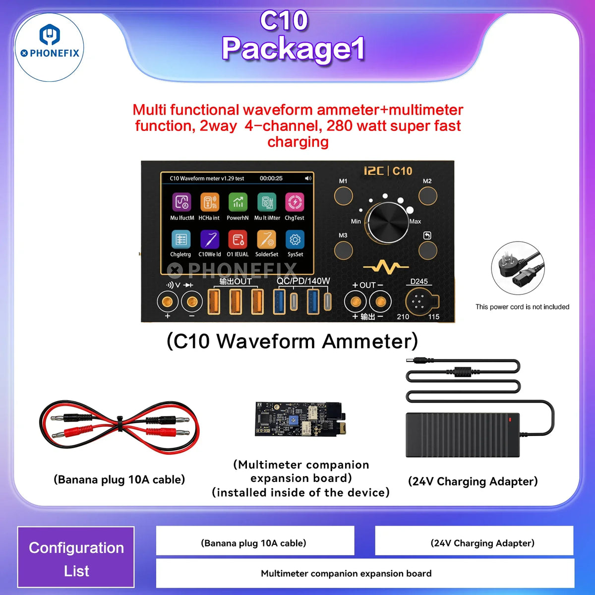 Phonefix digital multimeter C09 C10 with waveform display, voltage measurement, and charge testing features for electrical testing.