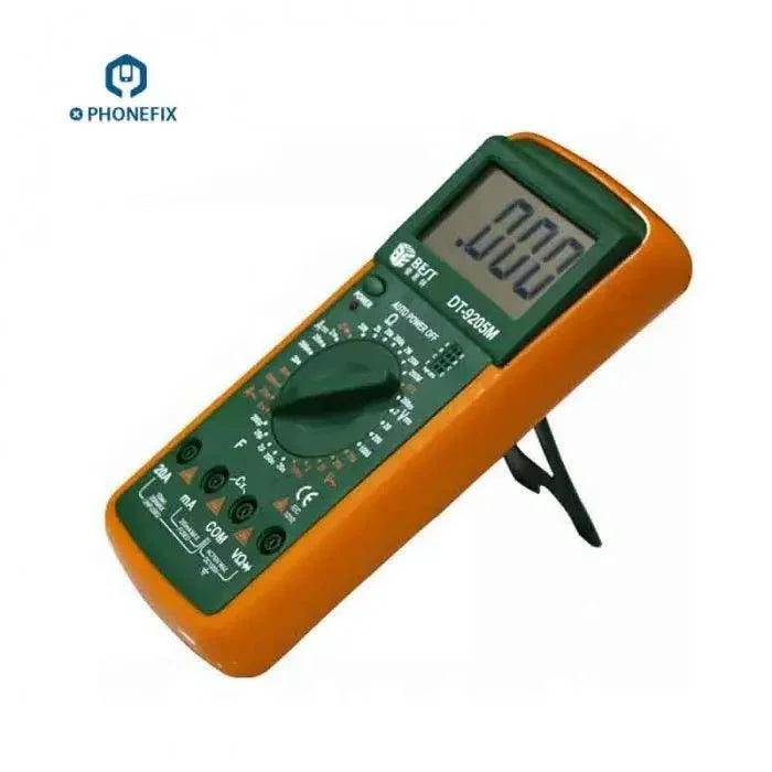 PhoneFix 9205M handheld digital multimeter with LCD display for universal soldering measurements and electrical testing.