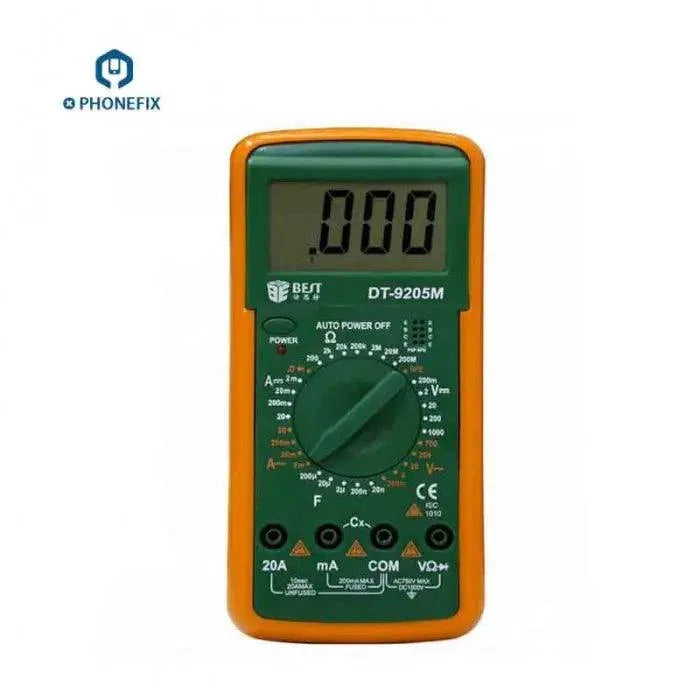 PhoneFix 9205M handheld digital multimeter with LCD display, universal soldering meter for electrical testing and measurements.