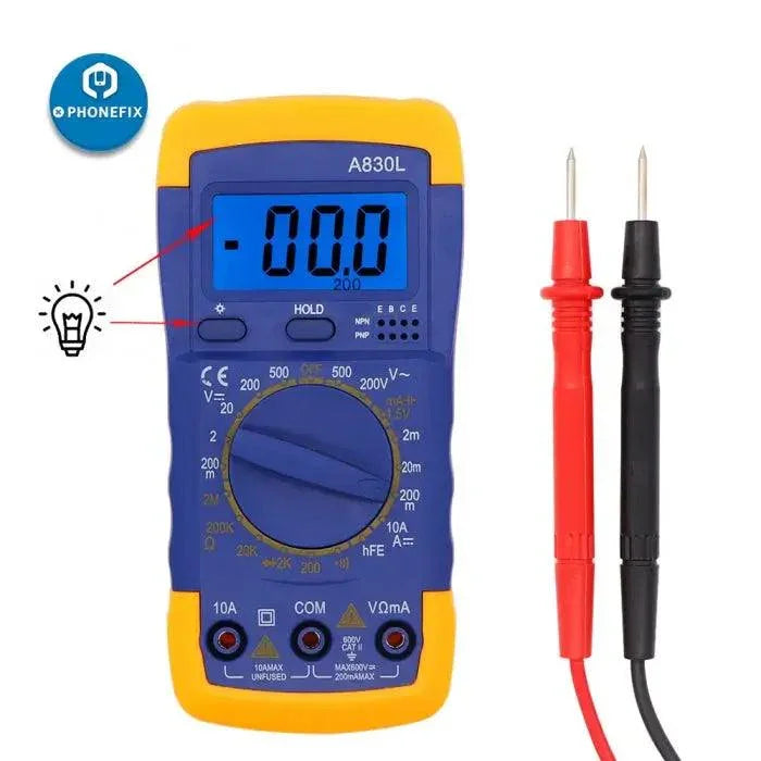 PHONEFIX A830L digital multimeter measuring AC/DC voltage, current, and resistance with a compact display and testing probes.