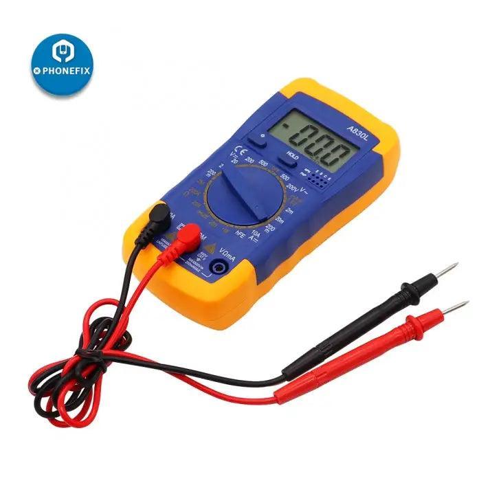 PHONEFIX A830L digital multimeter measuring AC/DC voltage, ohms, and current with a compact, handheld design.
