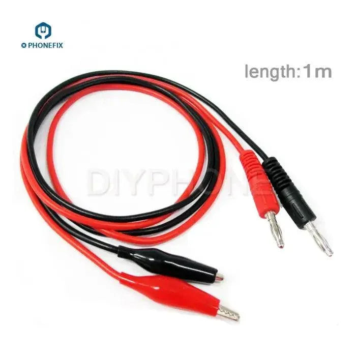 PhoneFix DC power supply cable with alligator clips and banana plug, used for digital multimeters and electrical testing.