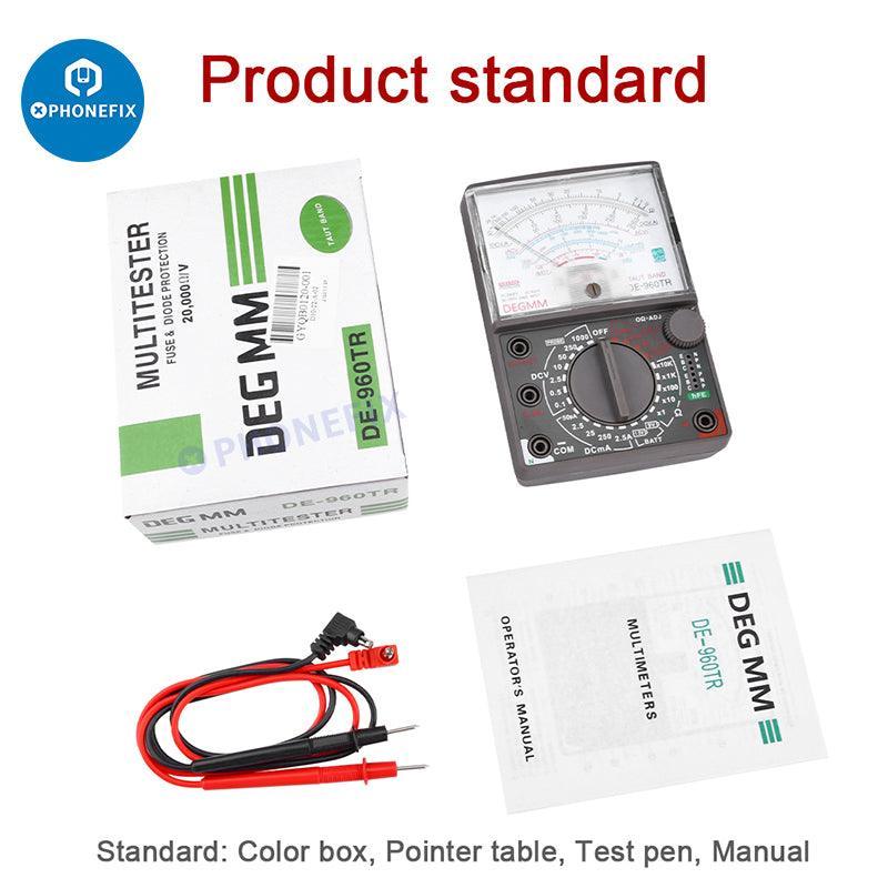 Phonefix DE-960TR Pointer digital multimeter for universal PCB fault testing with automatic measurement features.