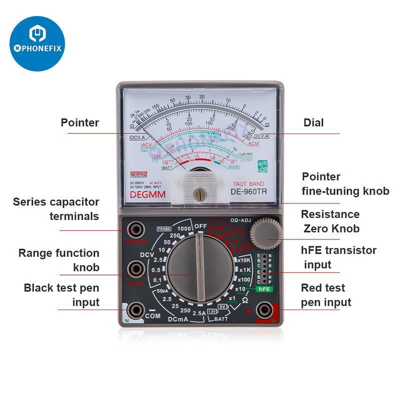 PHONEFIX DE-960TR digital multimeter with pointer display, used for universal PCB fault testing and electrical measurement.