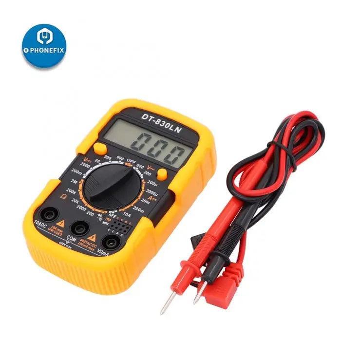 PhoneFix DT-830LN digital multimeter with LCD backlight display measuring voltage and electrical parameters.