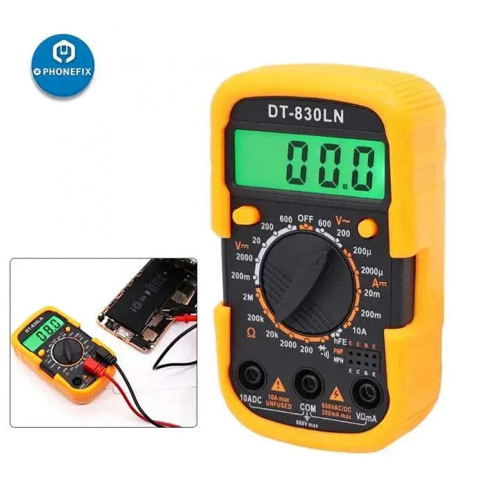 PhoneFix DT-830LN digital multimeter with LCD backlight display, measuring voltage and electrical parameters.