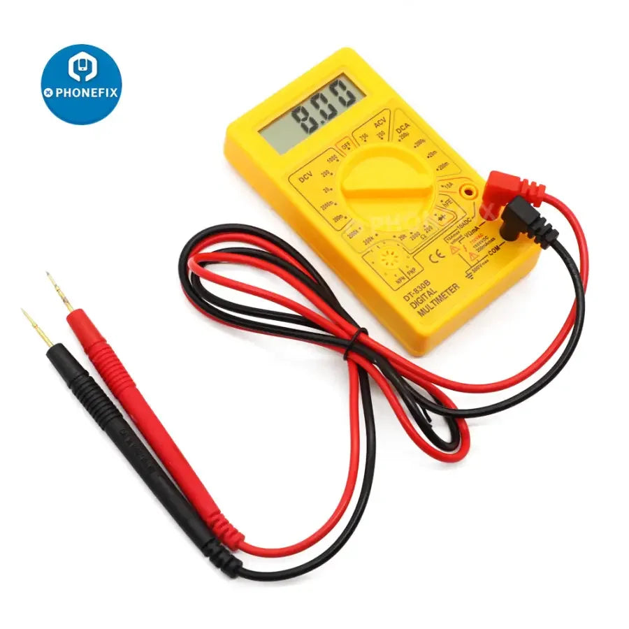 PHONEFIX DT830B digital multimeter with LCD display, measures voltage, current, and resistance for electronic testing.