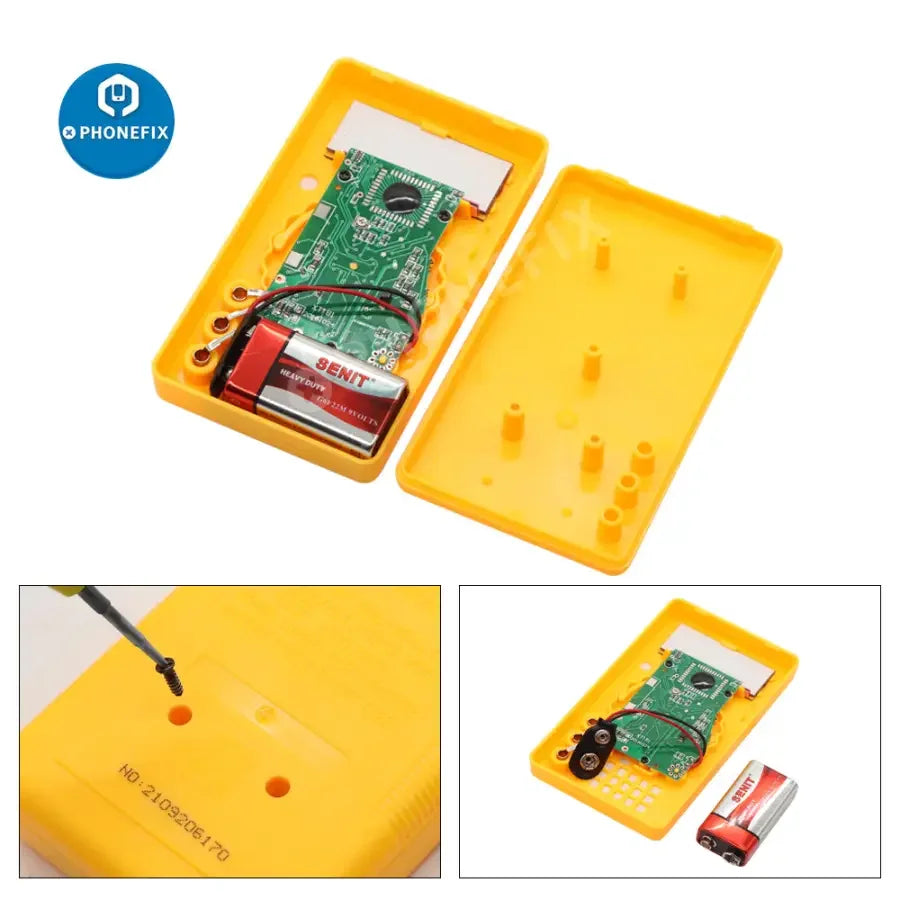 Phonefix DT830B digital multimeter with LCD display, showing voltage, current, and resistance measurements for electronic testing.