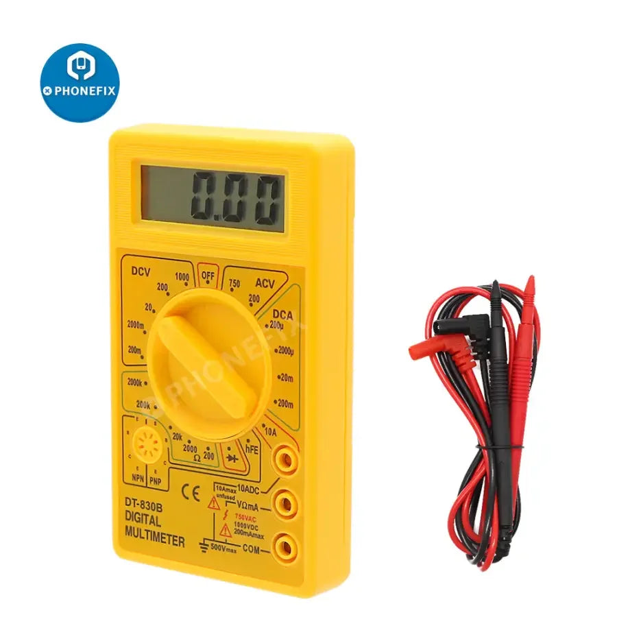 PHONEFIX DT830B digital multimeter with LCD display, voltmeter, ammeter, and ohm tester for electrical measurements.