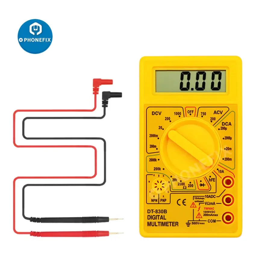 PHONEFIX DT830B digital multimeter with LCD display for measuring voltage, current, resistance, and testing electronic components.