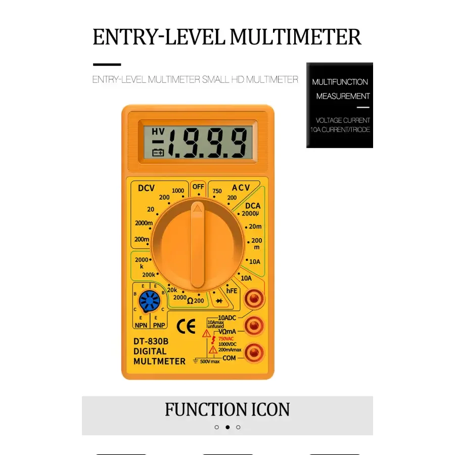 PHONEFIX DT830B digital multimeter with LCD display, measuring voltage, current, and resistance for electronic testing and troubleshooting.