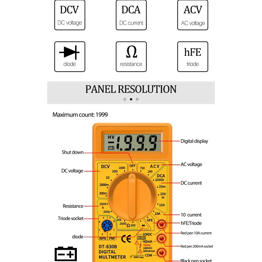 PHONEFIX DT830B digital multimeter with LCD display, voltmeter, ammeter, and ohm tester for electronic measurements.