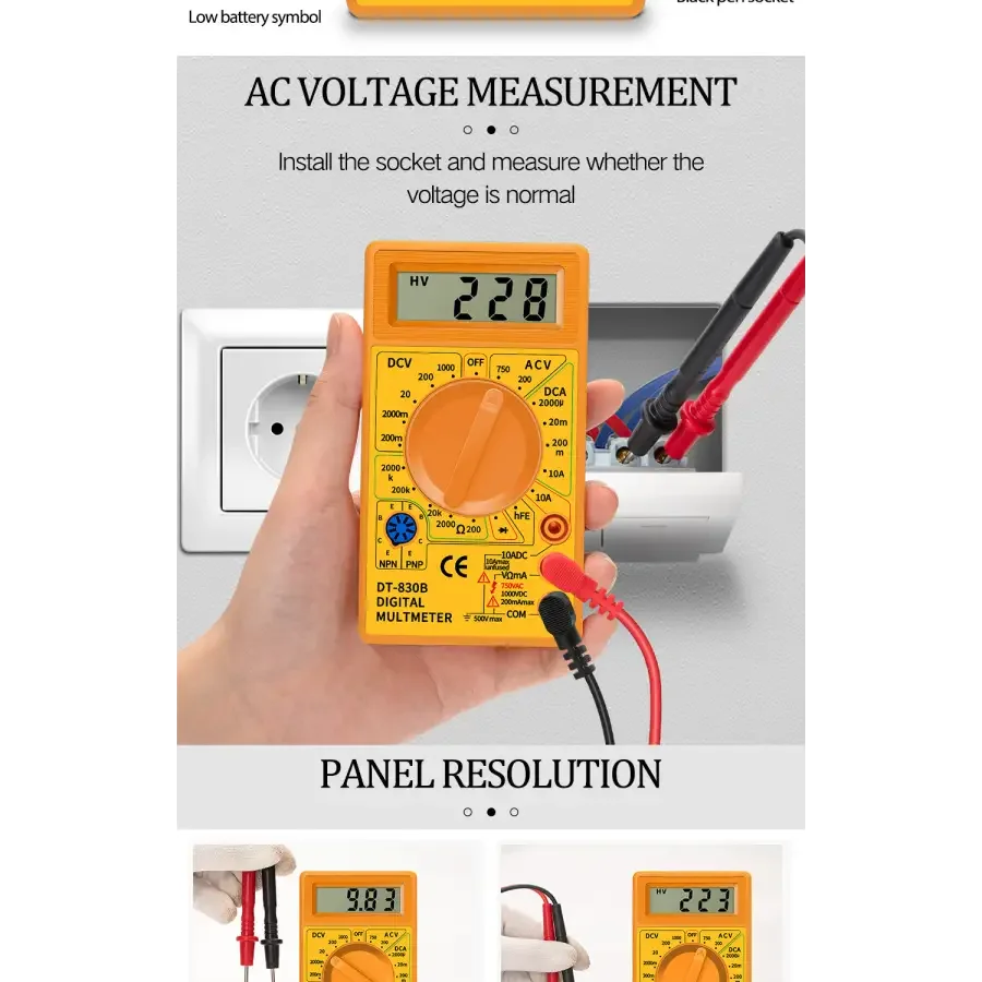 PHONEFIX DT830B digital multimeter with LCD display, voltmeter, ammeter, and ohm tester for electronic measurements.