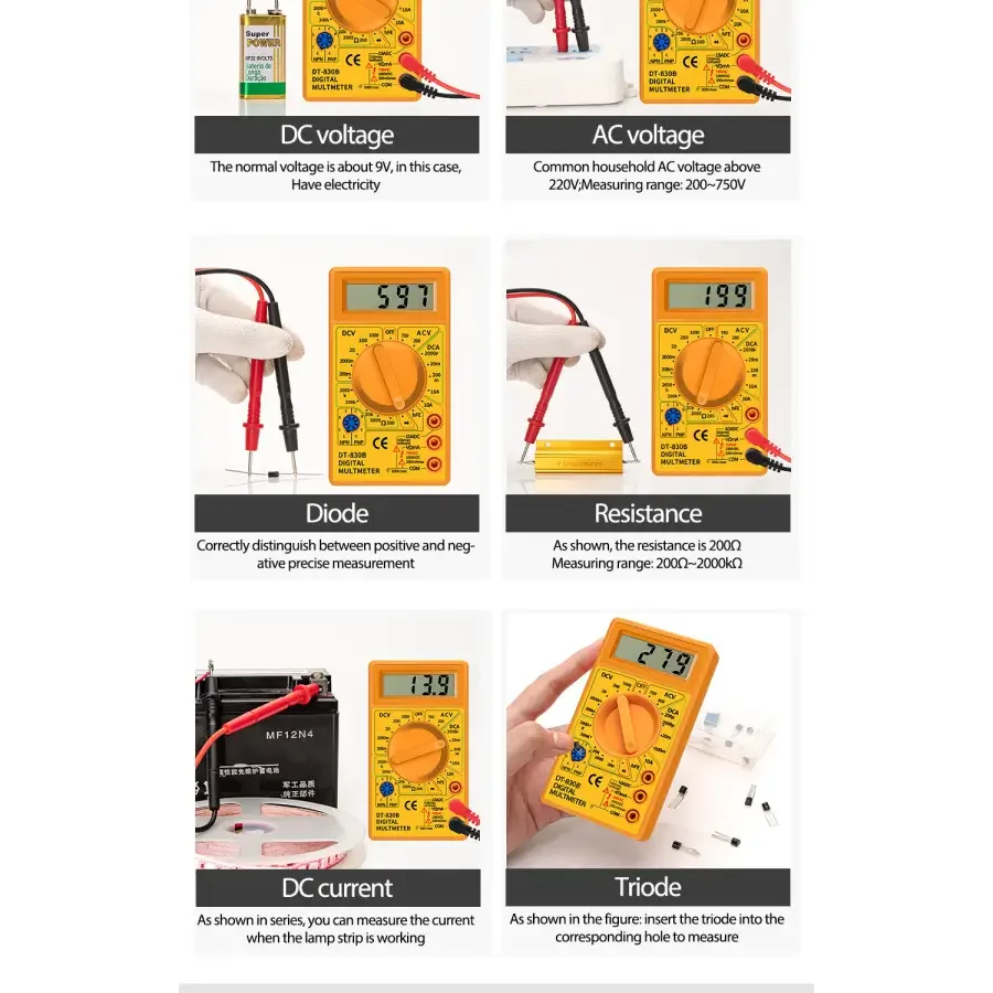 Phonefix DT830B digital multimeter with LCD display measuring voltage, current, and resistance for electronic testing.