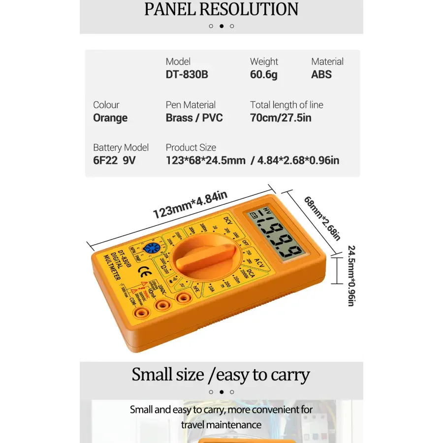PhoneFIX DT830B digital multimeter showing LCD display with voltage, current, and resistance readings on a white background.