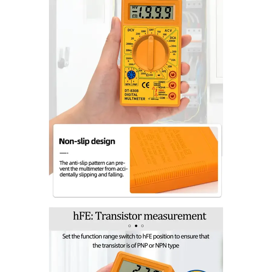 PhoneFix DT830B digital multimeter with LCD display testing voltage, current, and resistance for electronic measurements.