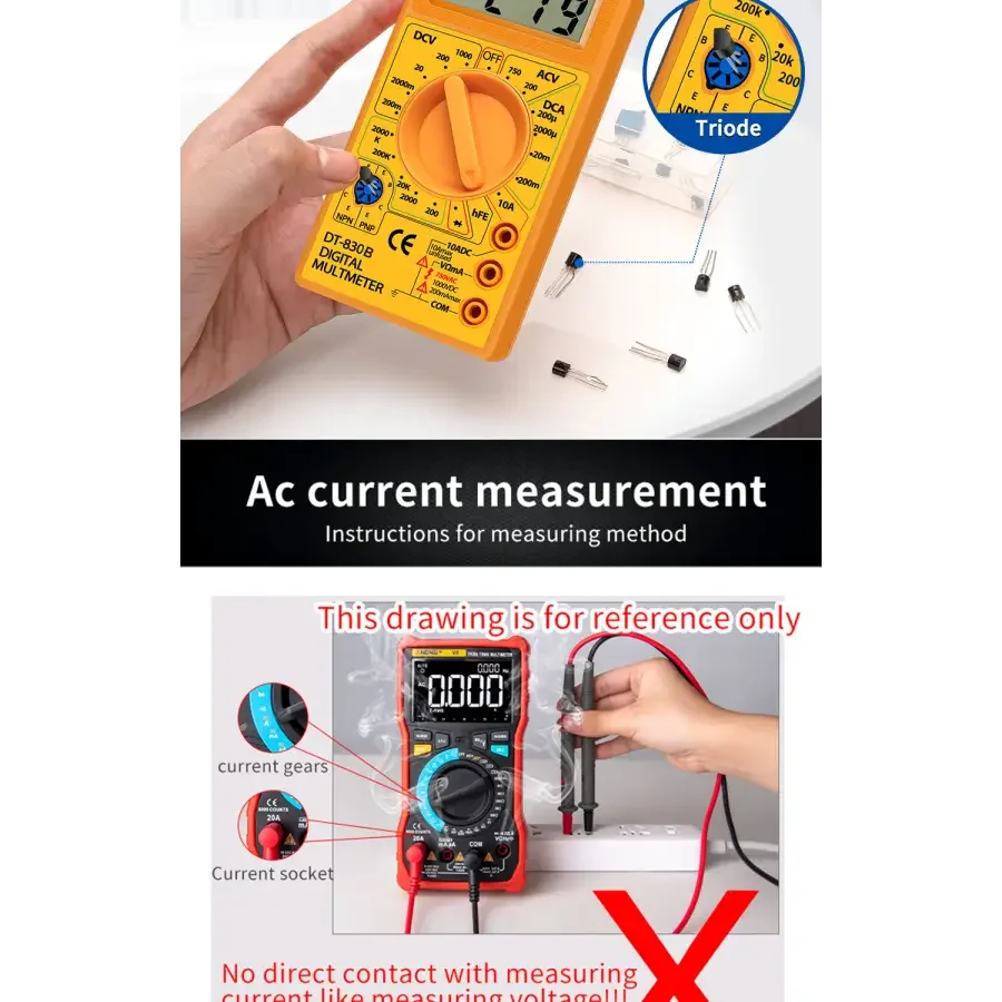 PhoneFix DT830B digital multimeter displaying LCD screen with voltmeter, ammeter, and ohm tester functions in a close-up view.