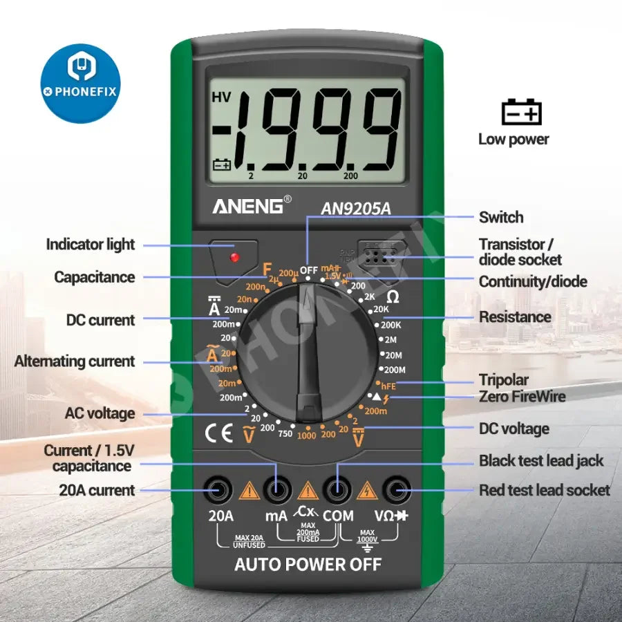 PHONEFIX DT9205A+ digital multimeter with AC/DC voltage tester and 9V battery, showing display and measurement probes.