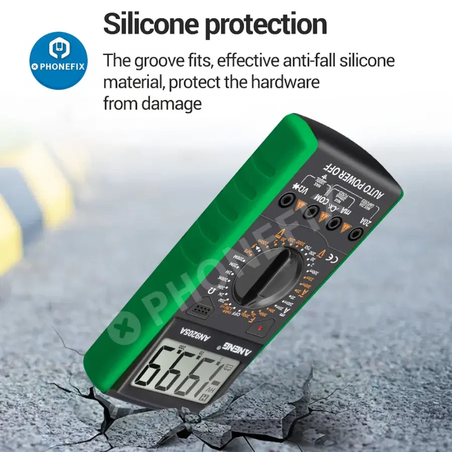 PHONEFIX DT9205A+ digital multimeter showing AC/DC voltage testing with 9V battery, digital display and test leads in view.