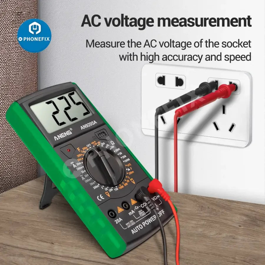 Phonefix DT9205A+ digital multimeter measuring AC/DC voltage with 9V battery, featuring a clear display and handheld design.