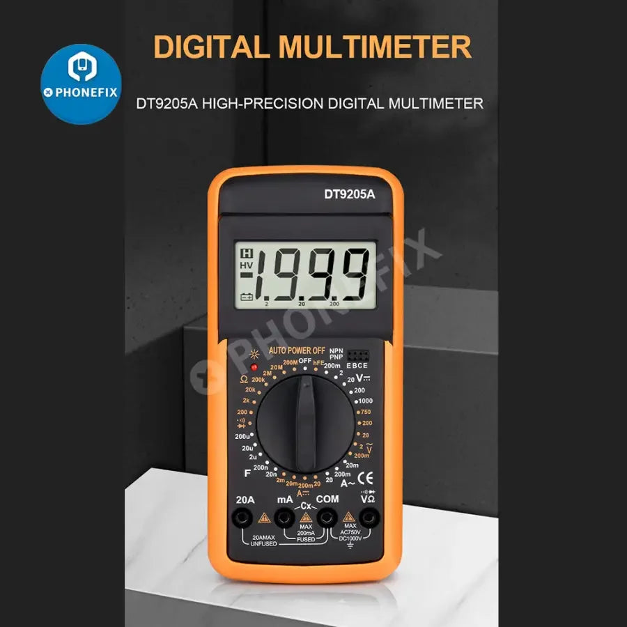 Digital multimeter by PHONEFIX, DT9205A model, showing display with voltage, current, resistance, and capacitance readings.