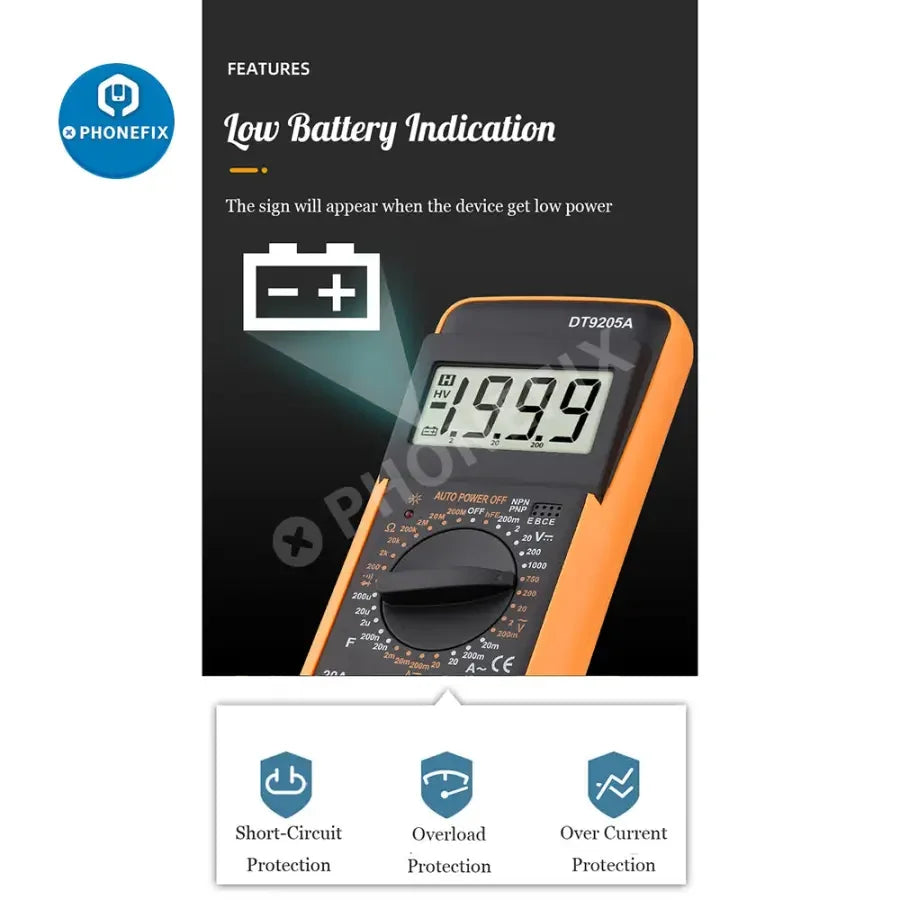 Digital multimeter by PHONEFIX displaying voltage, current, resistance, and capacitance readings on its digital screen.