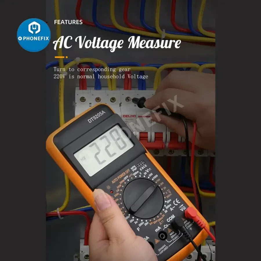 PhoneFix DT9205A digital multimeter measuring voltage, current, resistance, and capacitance with a clear digital display.
